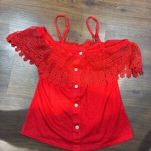 No Boundaries Red Lace Button-Down Blouse